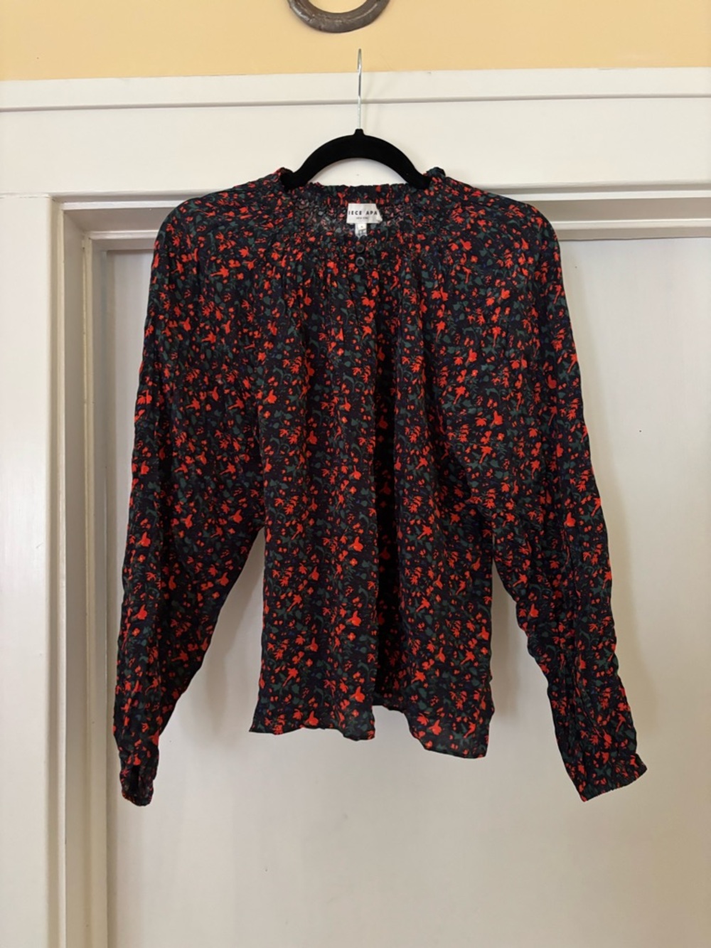 Apiece Apart Black Blouse with Red Floral Print